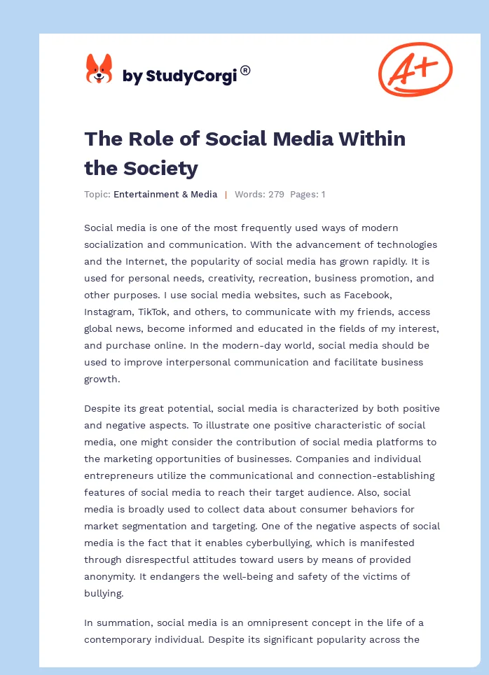 The Role of Social Media Within the Society. Page 1