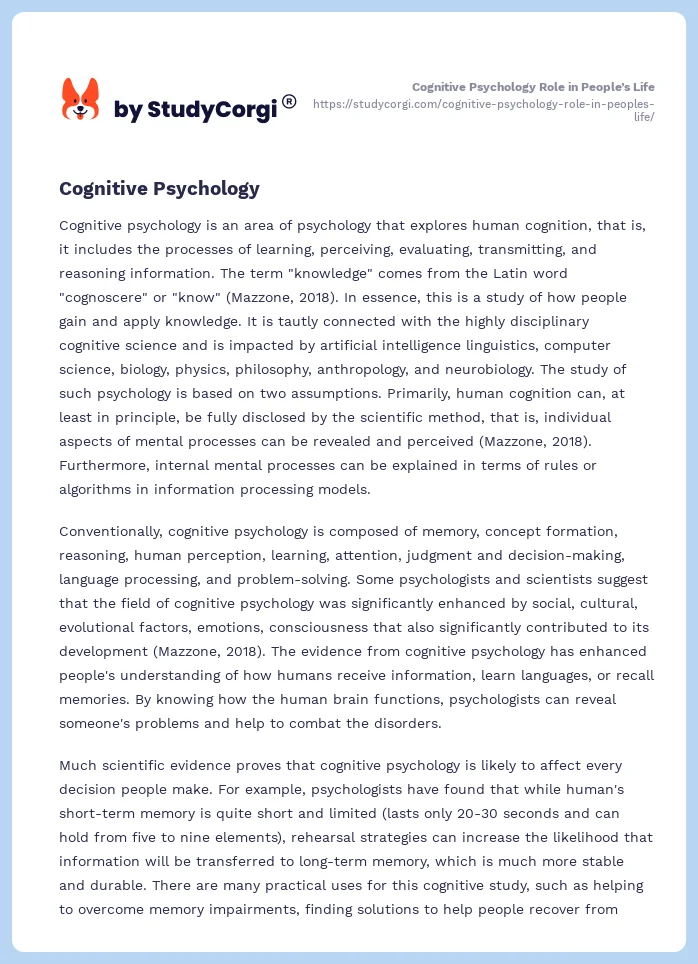 Cognitive Psychology Role in People’s Life. Page 2