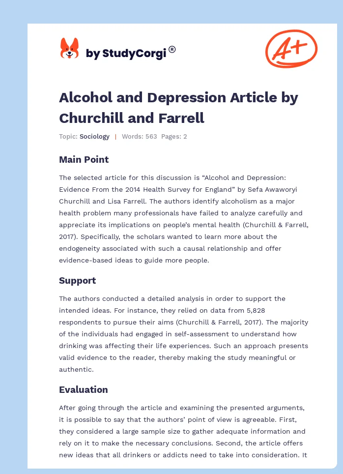 Alcohol and Depression Article by Churchill and Farrell. Page 1