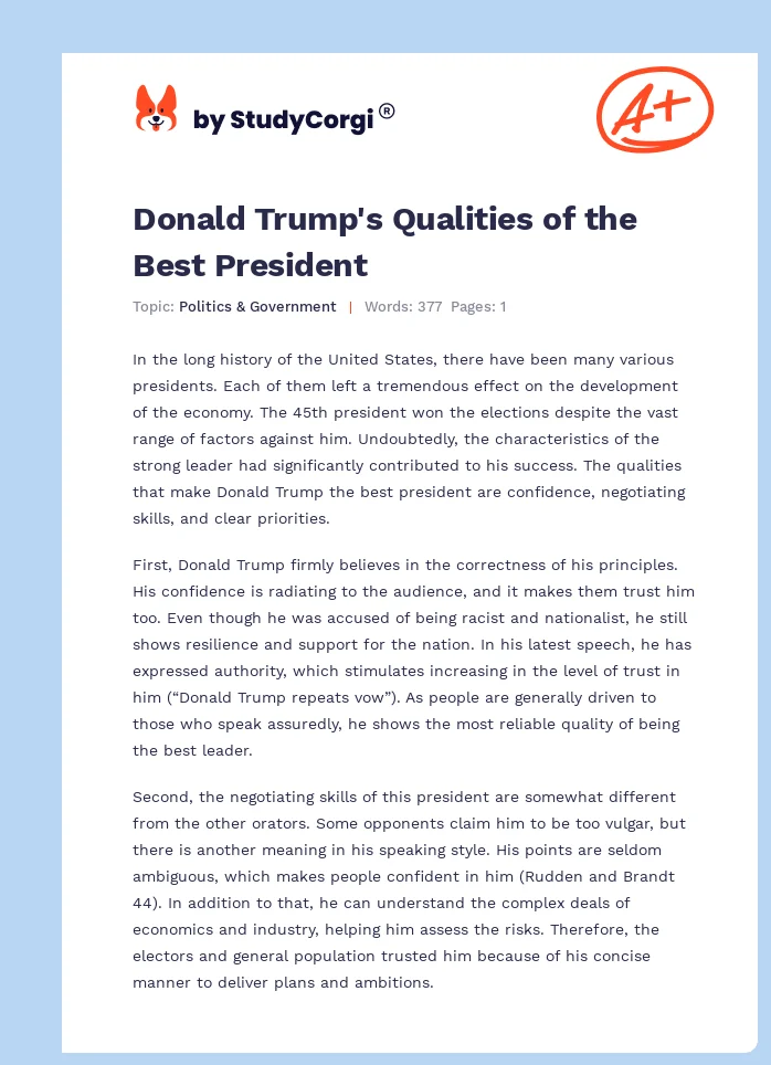 Donald Trump's Qualities of the Best President. Page 1