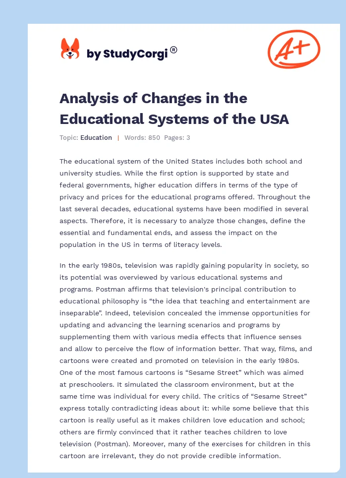 Analysis of Changes in the Educational Systems of the USA. Page 1