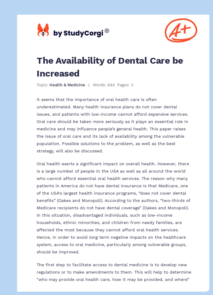 The Availability of Dental Care be Increased. Page 1