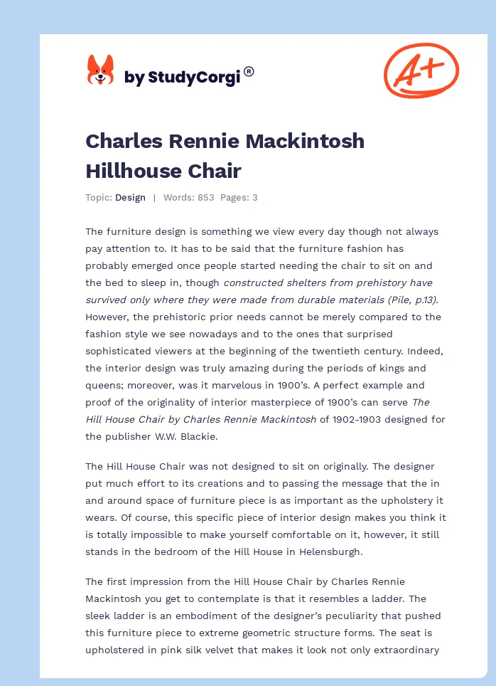 Charles Rennie Mackintosh Hillhouse Chair. Page 1