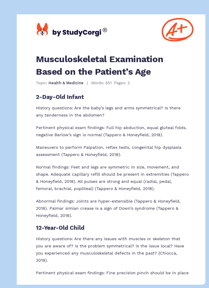 Musculoskeletal Examination Based on the Patient’s Age. Page 1
