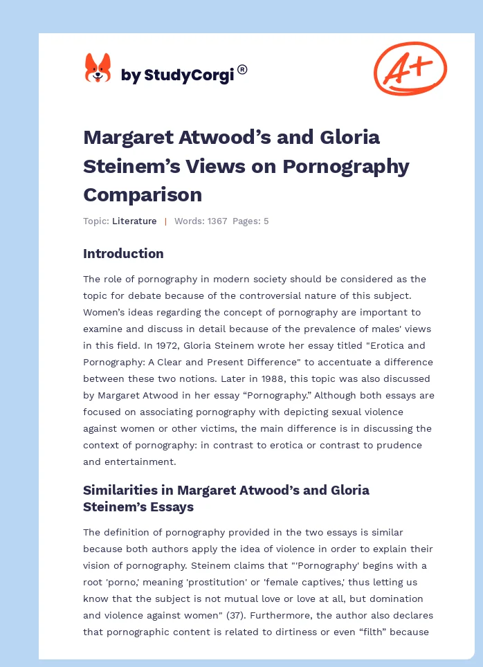 Margaret Atwood’s and Gloria Steinem’s Views on Pornography Comparison. Page 1