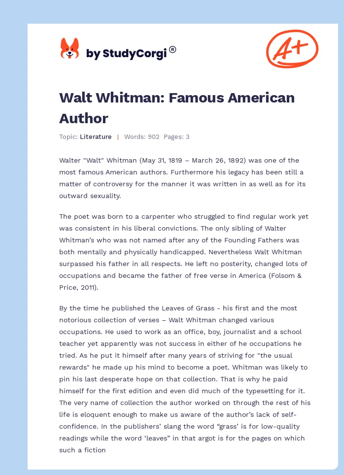 Walt Whitman: Famous American Author. Page 1