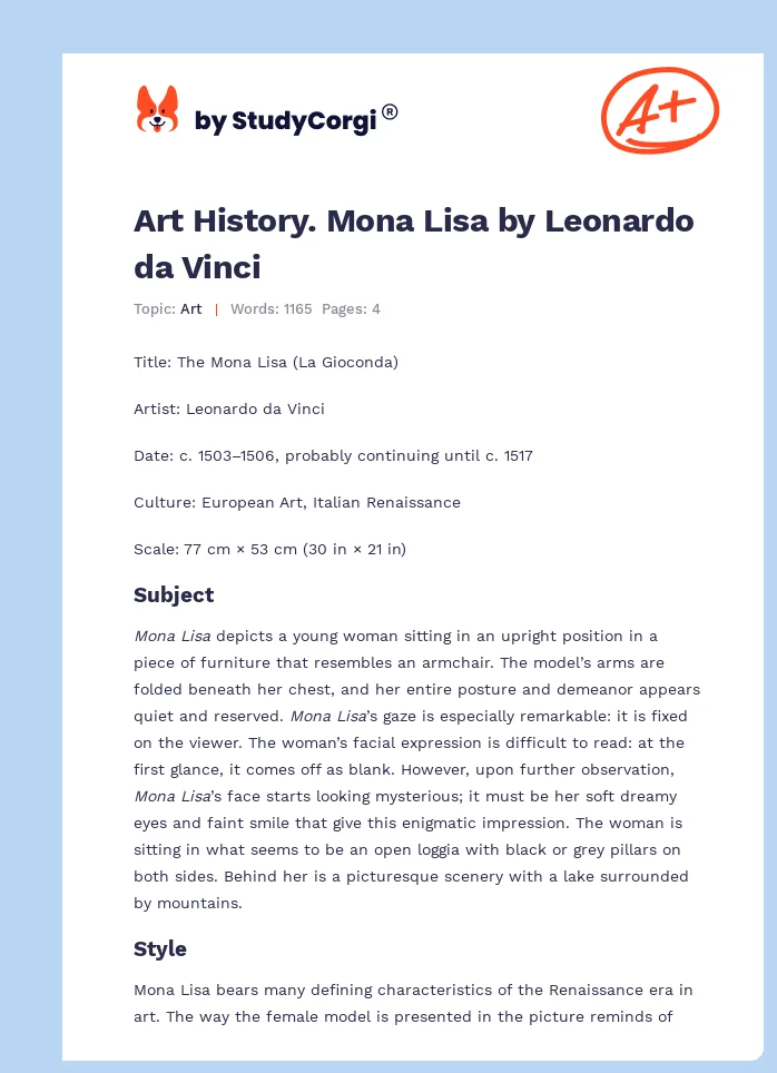Art History. Mona Lisa by Leonardo da Vinci. Page 1