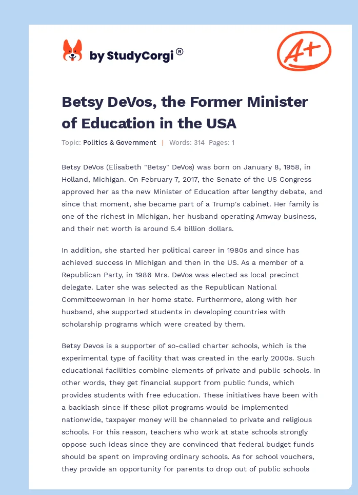 Betsy DeVos, the Former Minister of Education in the USA. Page 1