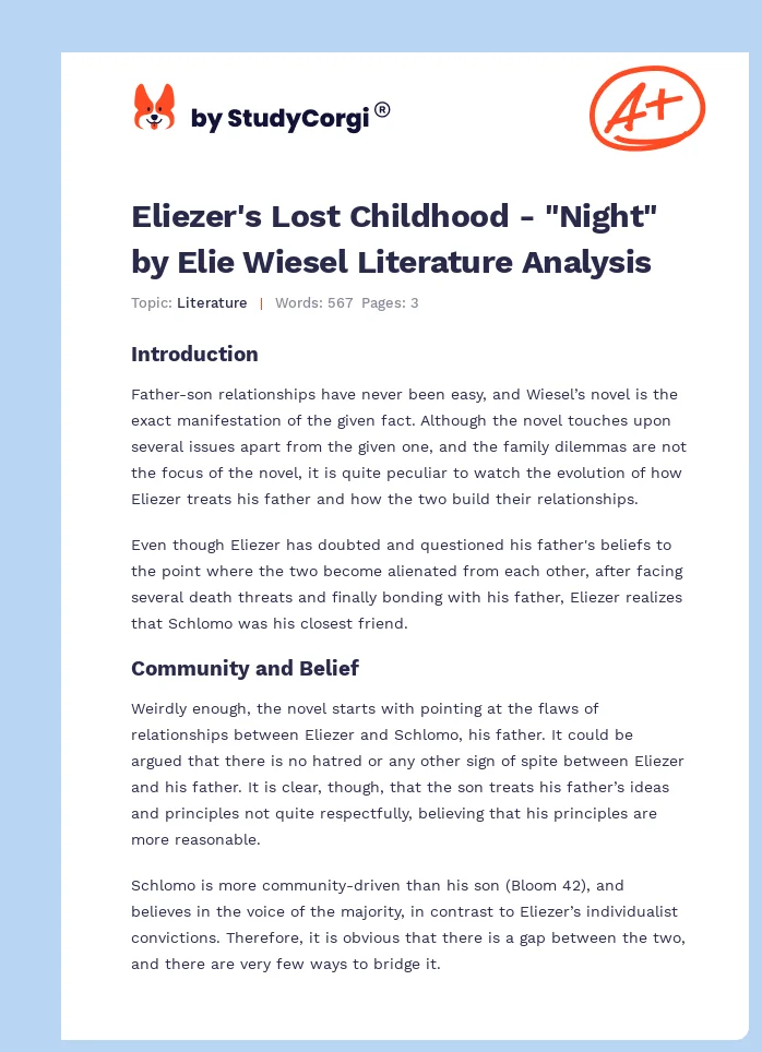 Eliezer's Lost Childhood - "Night" by Elie Wiesel Literature Analysis. Page 1