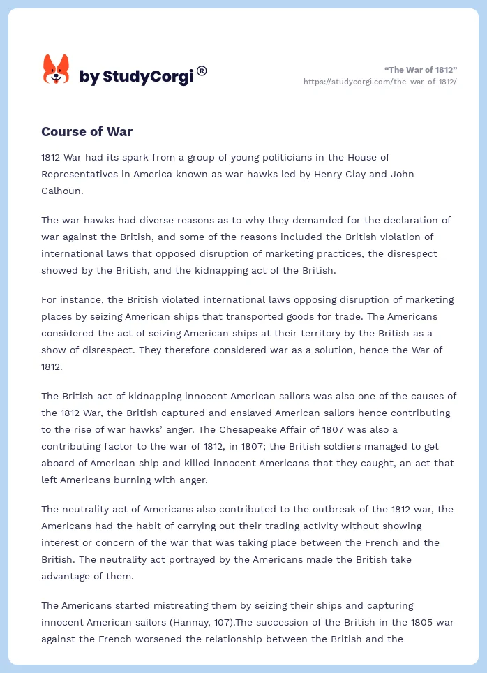 war of 1812 essay example
