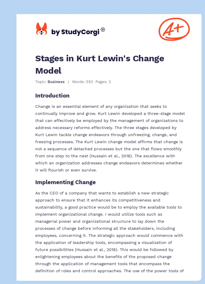 Stages in Kurt Lewin's Change Model. Page 1