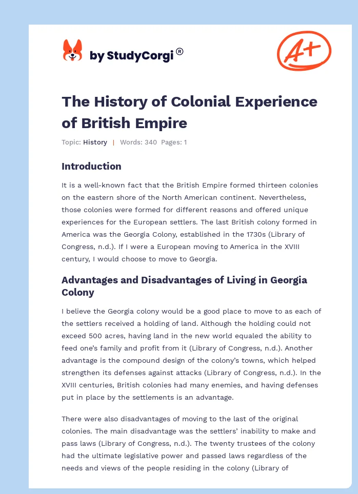 The History of Colonial Experience of British Empire. Page 1