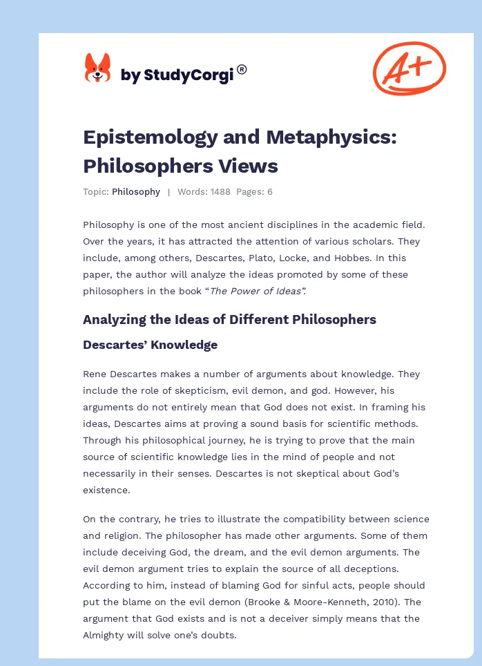 Epistemology and Metaphysics: Philosophers Views. Page 1