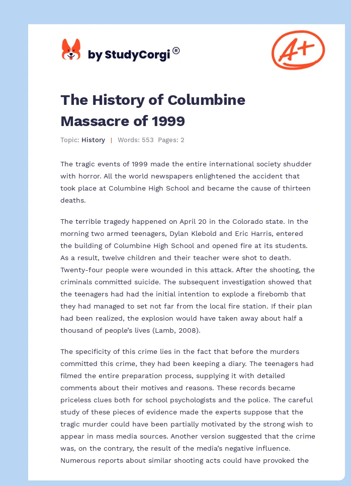 The History of Columbine Massacre of 1999. Page 1