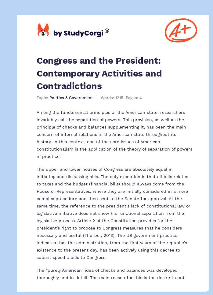 Congress and the President: Contemporary Activities and Contradictions. Page 1
