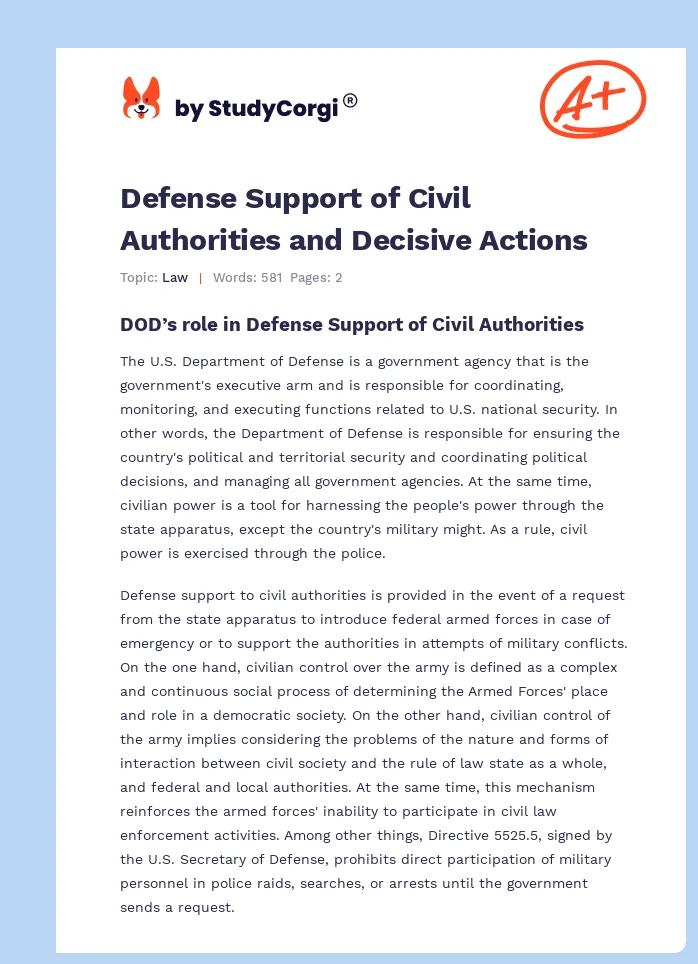 Defense Support of Civil Authorities and Decisive Actions. Page 1