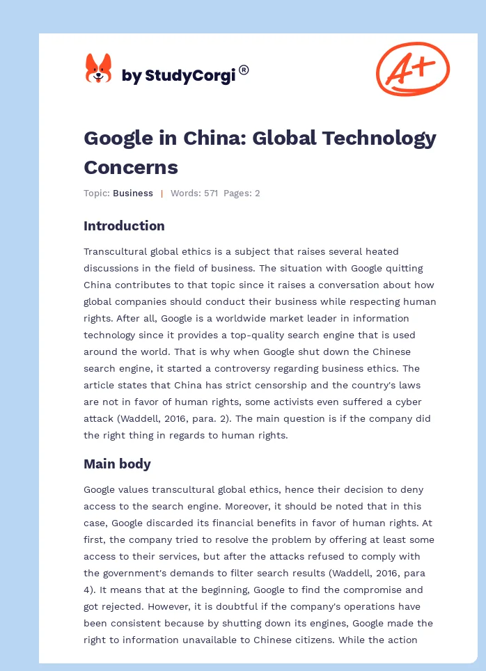 Google in China: Global Technology Concerns. Page 1