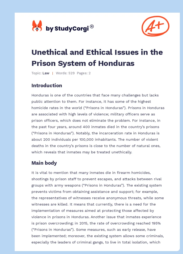 Unethical and Ethical Issues in the Prison System of Honduras. Page 1