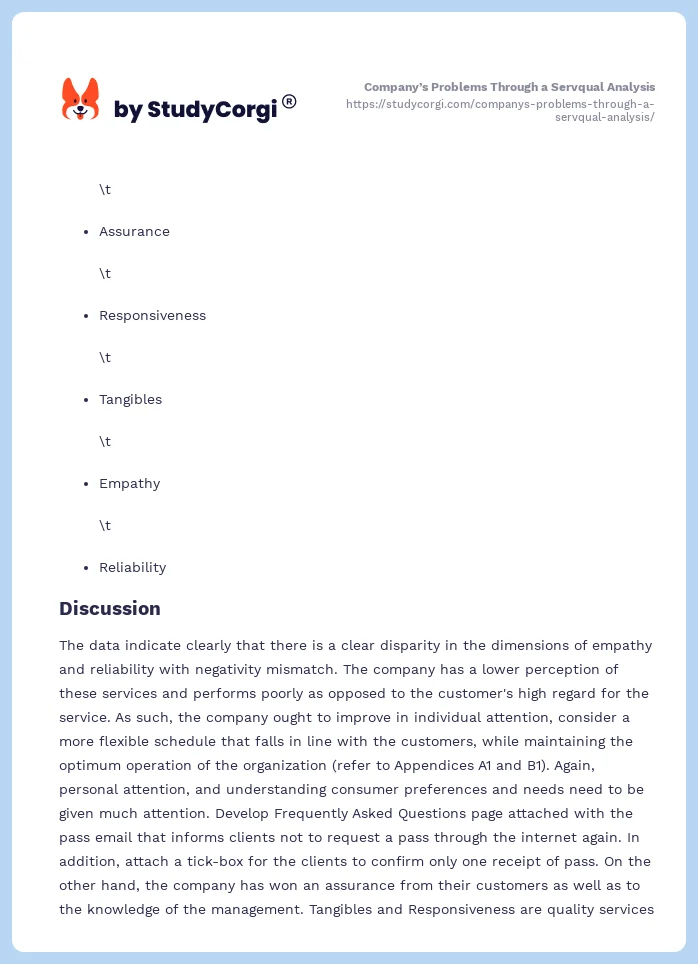 Company’s Problems Through a Servqual Analysis. Page 2
