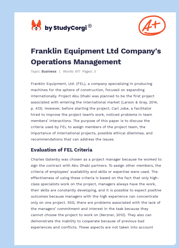 Franklin Equipment Ltd Company's Operations Management. Page 1