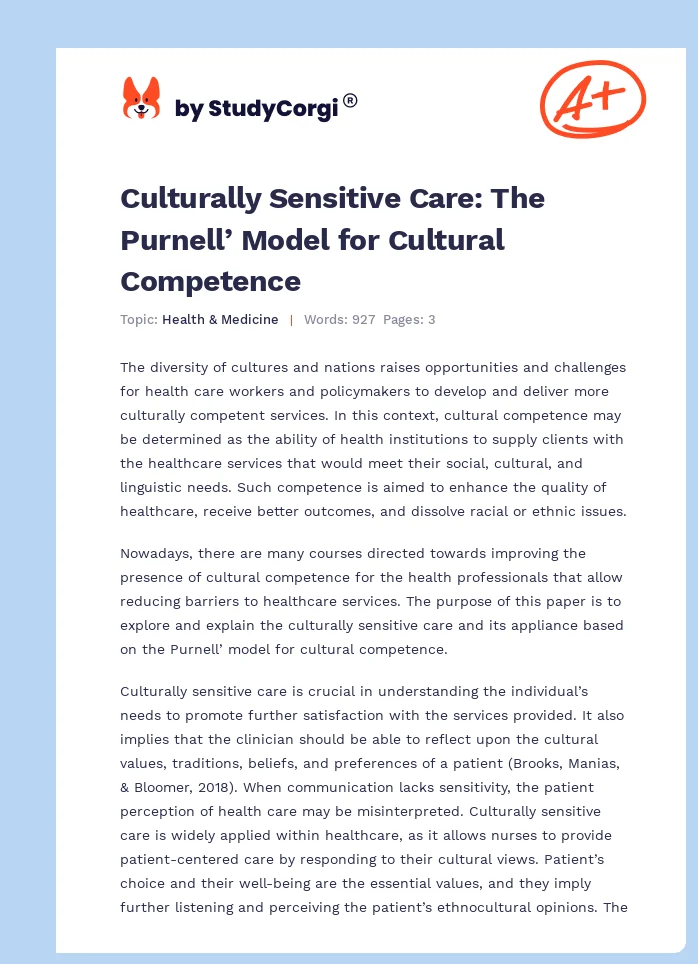 Culturally Sensitive Care: The Purnell’ Model for Cultural Competence. Page 1