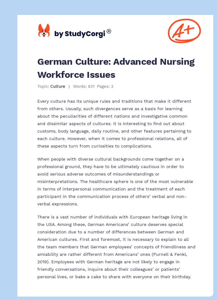 German Culture: Advanced Nursing Workforce Issues. Page 1