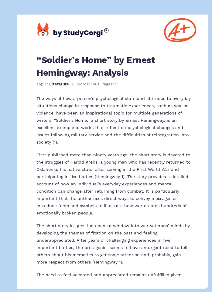 “Soldier’s Home” by Ernest Hemingway: Analysis. Page 1
