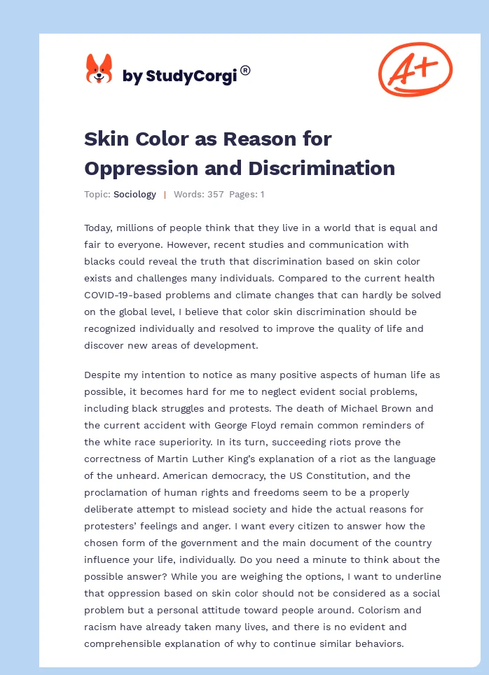 Skin Color as Reason for Oppression and Discrimination. Page 1