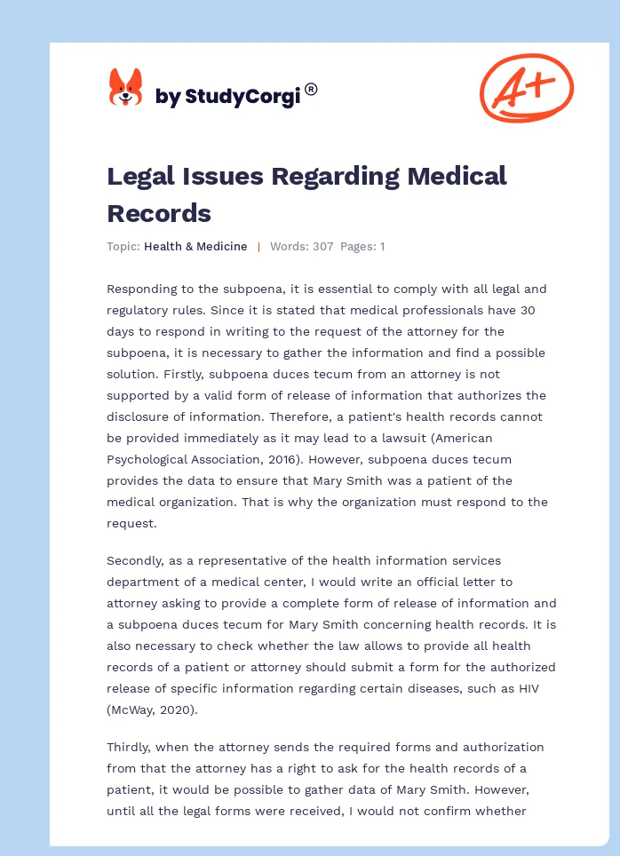 Legal Issues Regarding Medical Records. Page 1