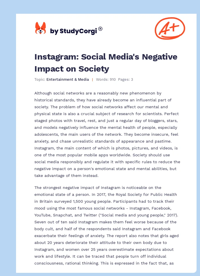 Instagram: Social Media's Negative Impact on Society. Page 1