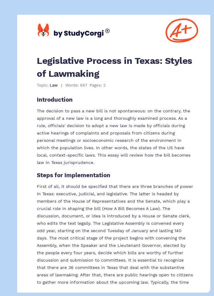 Legislative Process in Texas: Styles of Lawmaking. Page 1