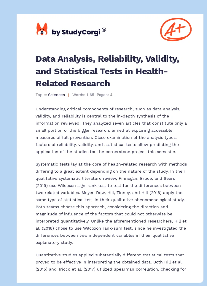 Data Analysis, Reliability, Validity, and Statistical Tests in Health-Related Research. Page 1