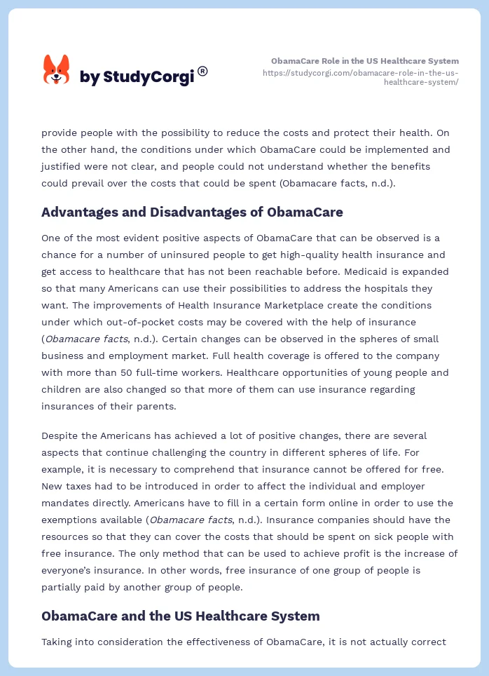 ObamaCare Role in the US Healthcare System. Page 2