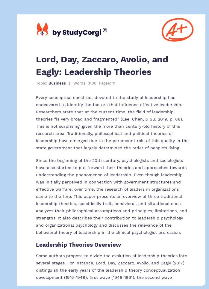Lord, Day, Zaccaro, Avolio, and Eagly: Leadership Theories. Page 1