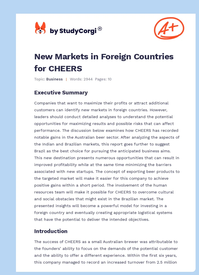 New Markets in Foreign Countries for CHEERS. Page 1