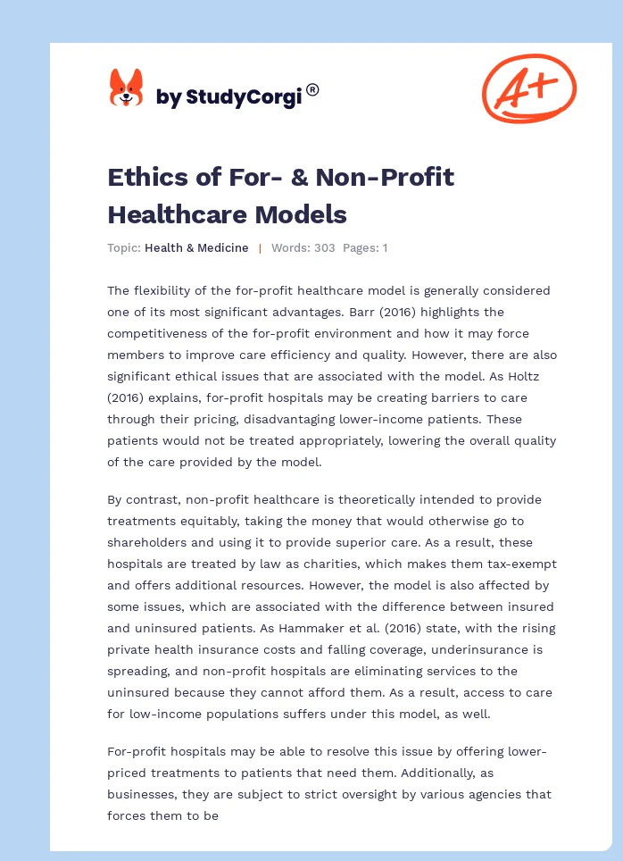 Ethics of For- & Non-Profit Healthcare Models. Page 1