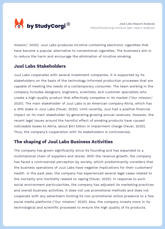 Juul Labs Report Analysis. Page 2