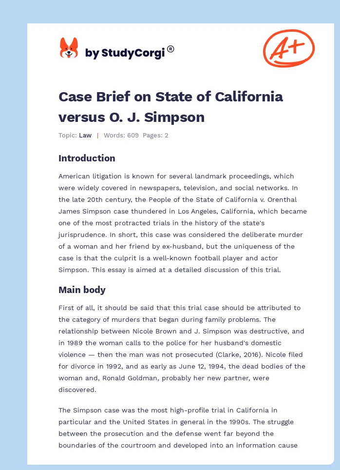 Case Brief on State of California versus O. J. Simpson. Page 1