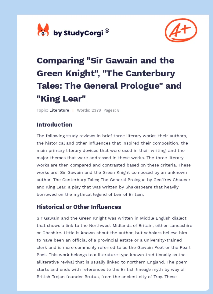 Comparing "Sir Gawain and the Green Knight", "The Canterbury Tales: The General Prologue" and "King Lear". Page 1