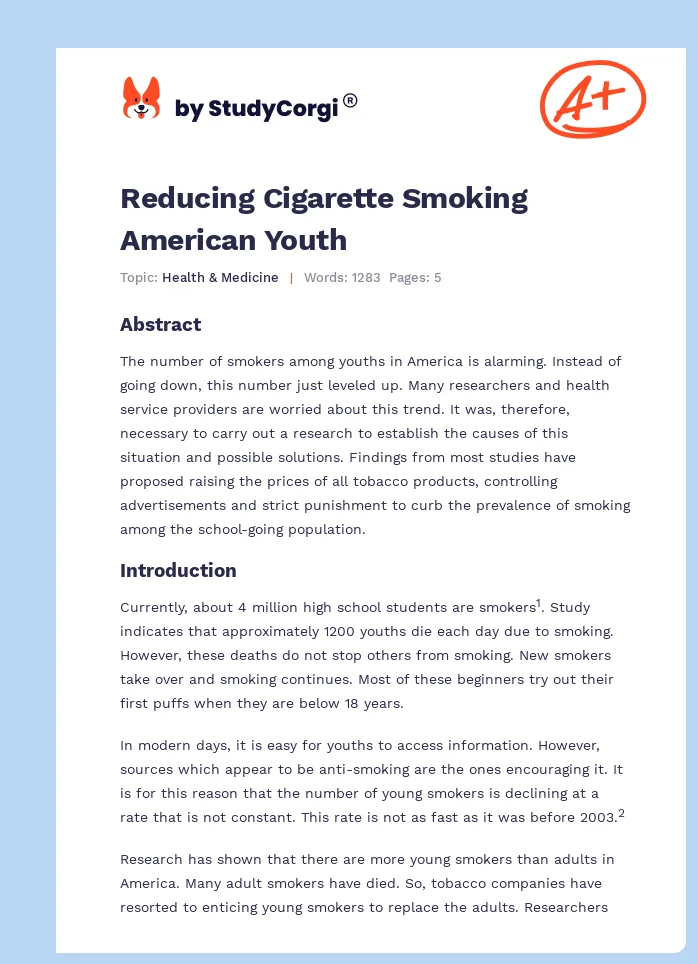 Reducing Cigarette Smoking American Youth. Page 1