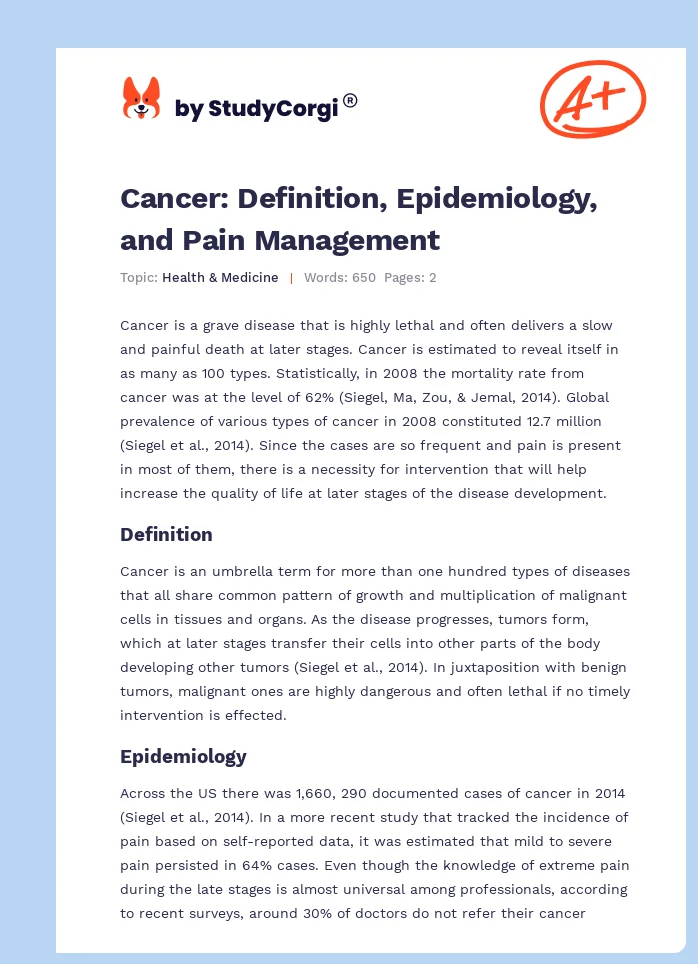 Cancer: Definition, Epidemiology, and Pain Management. Page 1