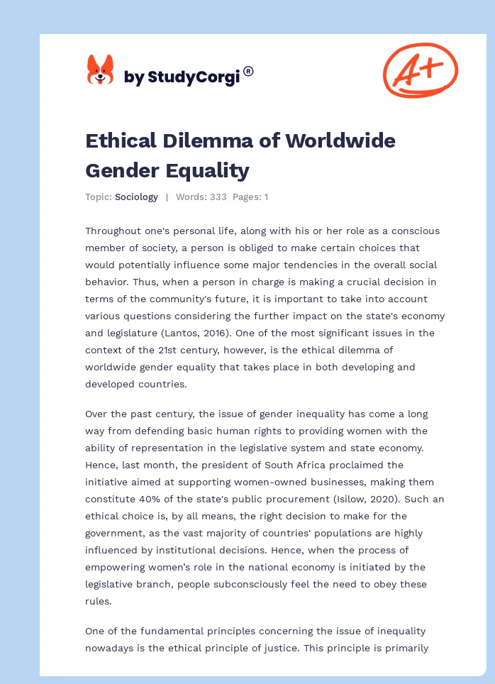 Ethical Dilemma of Worldwide Gender Equality. Page 1