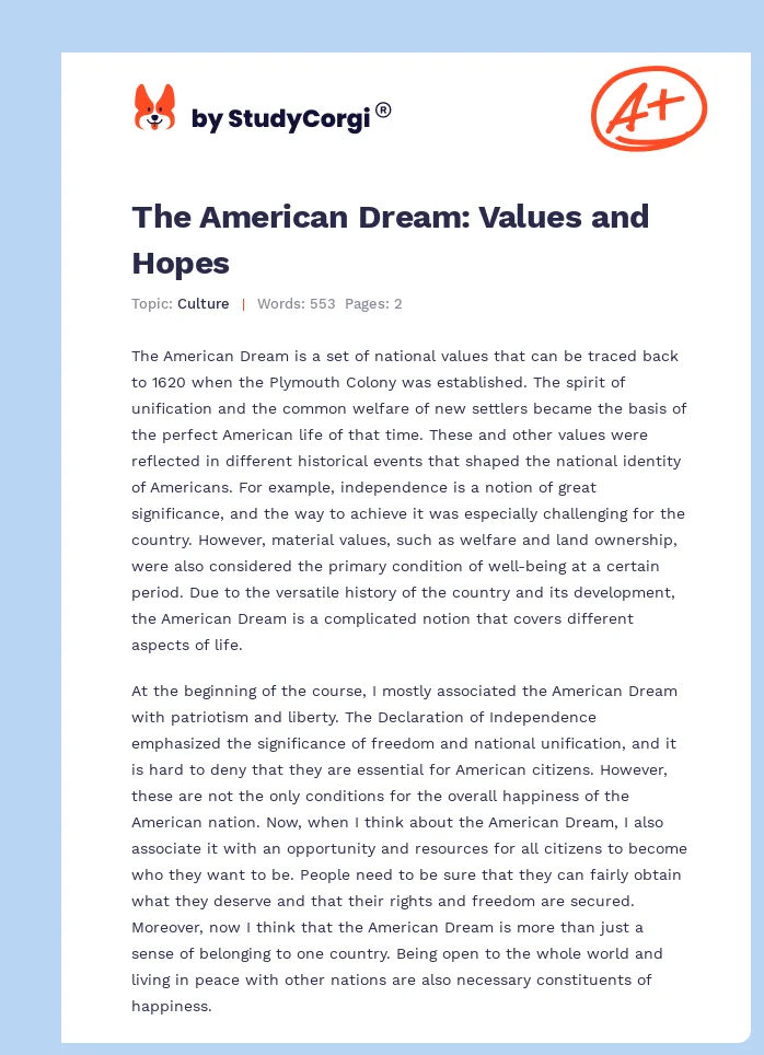 The American Dream: Values and Hopes. Page 1