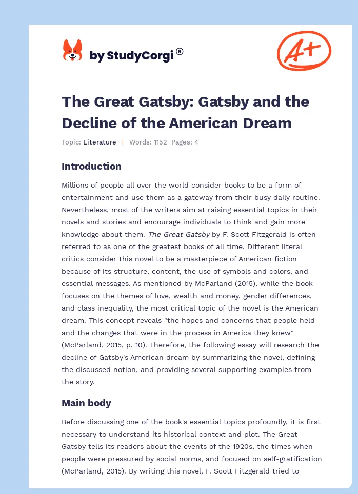 The Great Gatsby: Gatsby and the Decline of the American Dream. Page 1