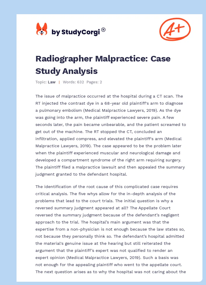 Radiographer Malpractice: Case Study Analysis. Page 1