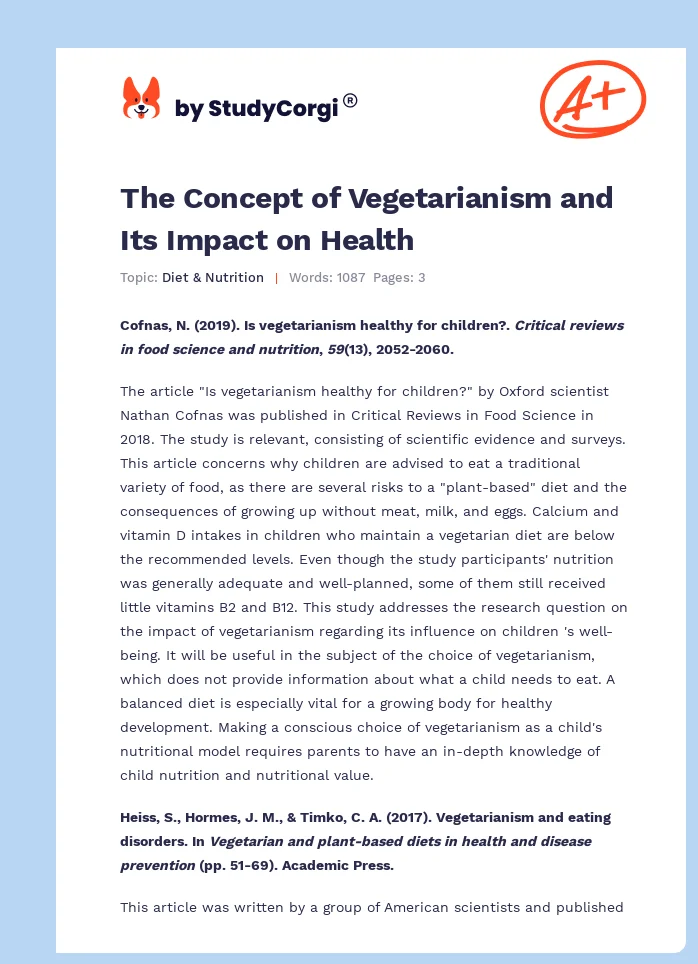 The Concept of Vegetarianism and Its Impact on Health. Page 1