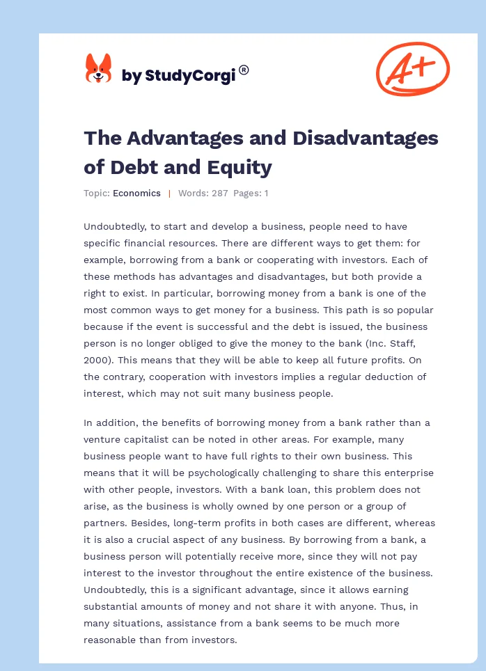 The Advantages and Disadvantages of Debt and Equity. Page 1