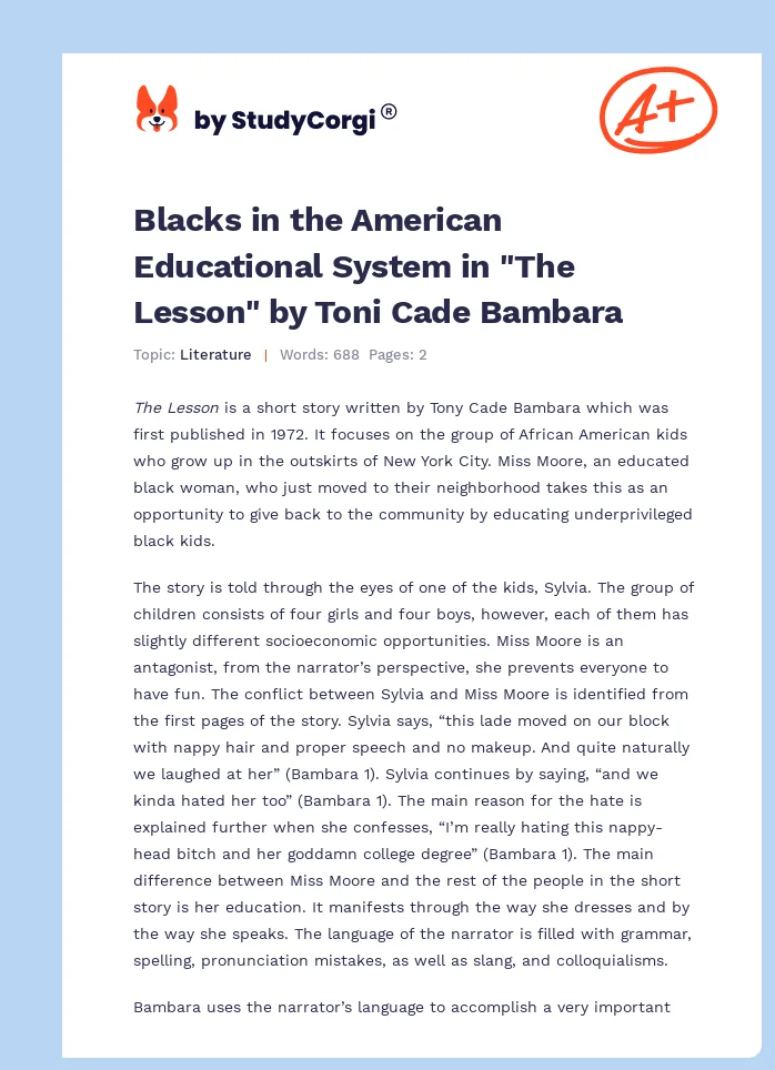 Blacks in the American Educational System in "The Lesson" by Toni Cade Bambara. Page 1