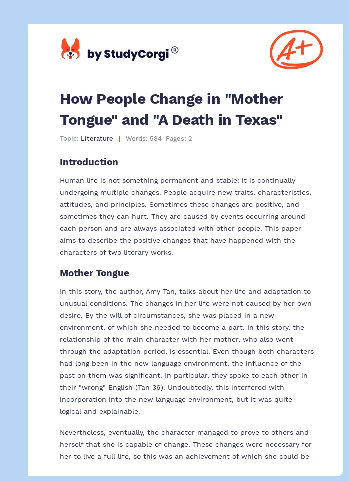 How People Change in "Mother Tongue" and "A Death in Texas". Page 1