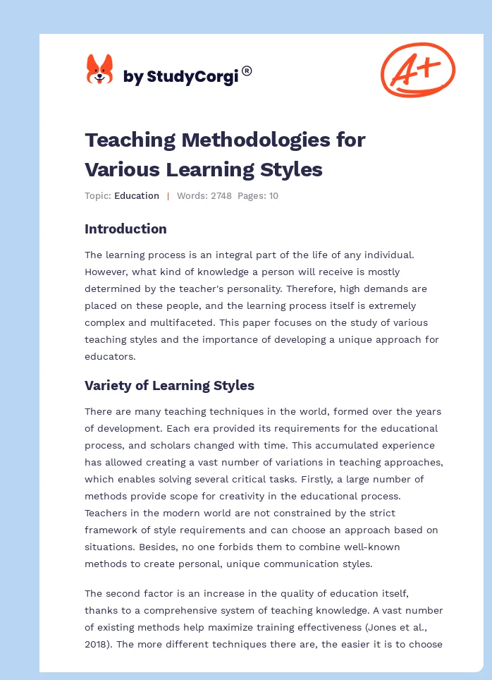 Teaching Methodologies for Various Learning Styles. Page 1